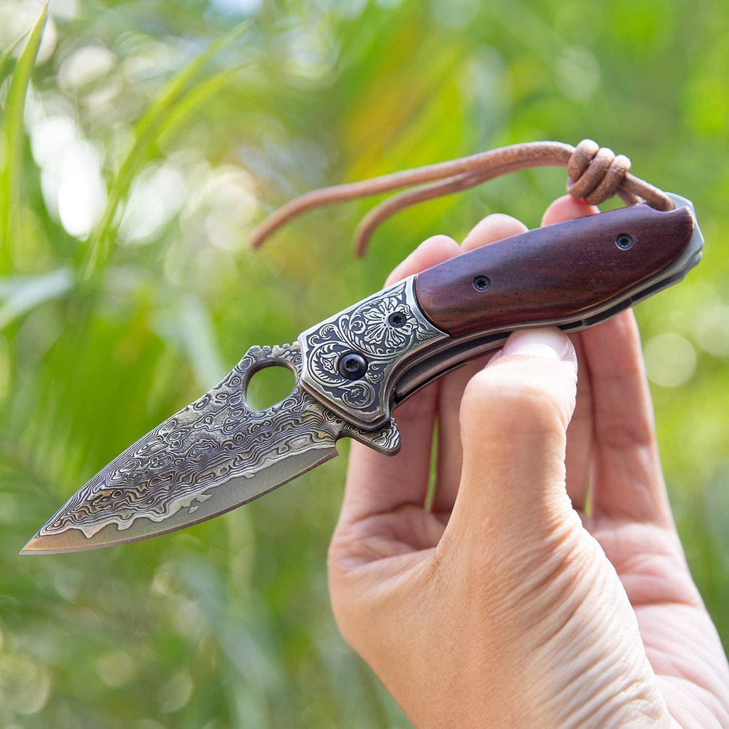2.5in VG10 Damascus Steel Folding Pocket Knife with Rosewood Handle O14872