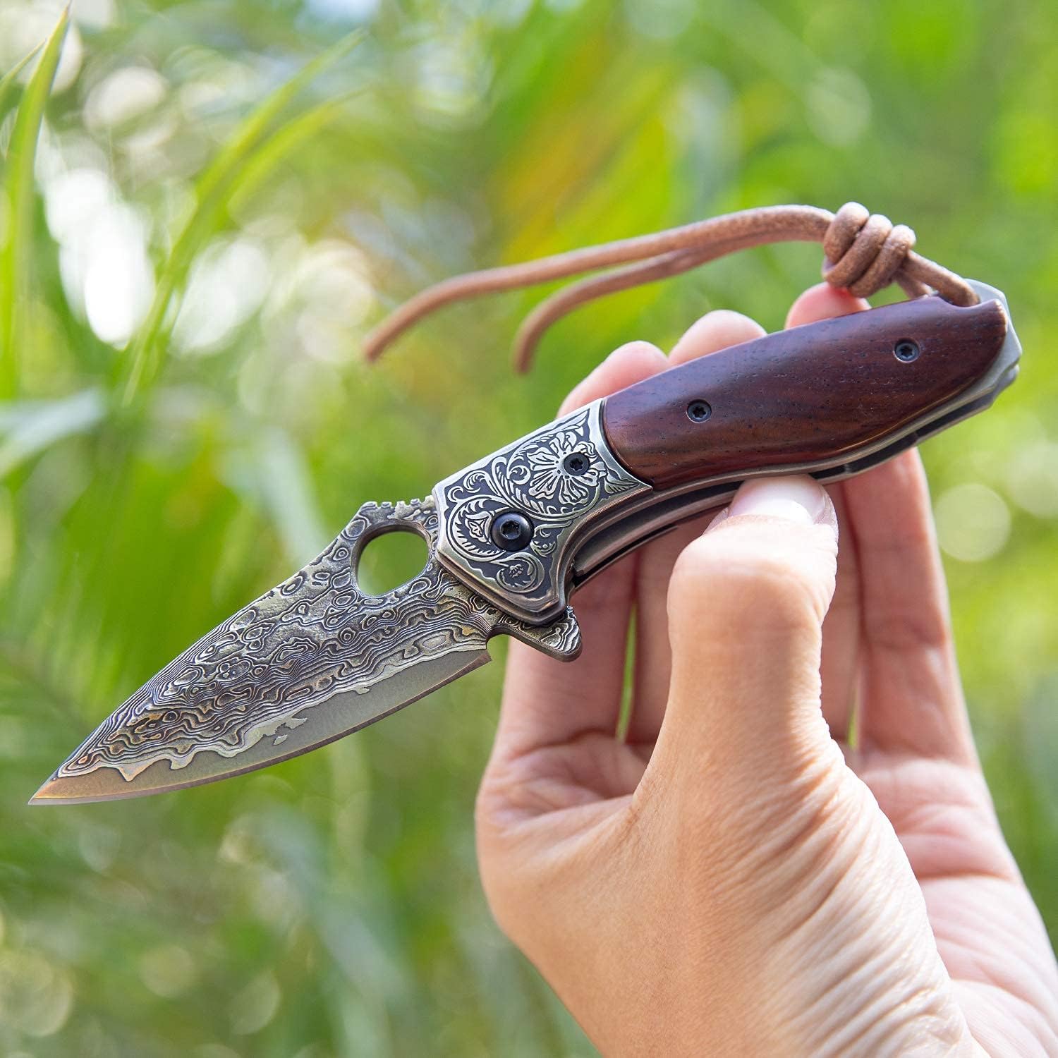 2.5in VG10 Damascus Steel Folding Pocket Knife with Rosewood Handle O14872
