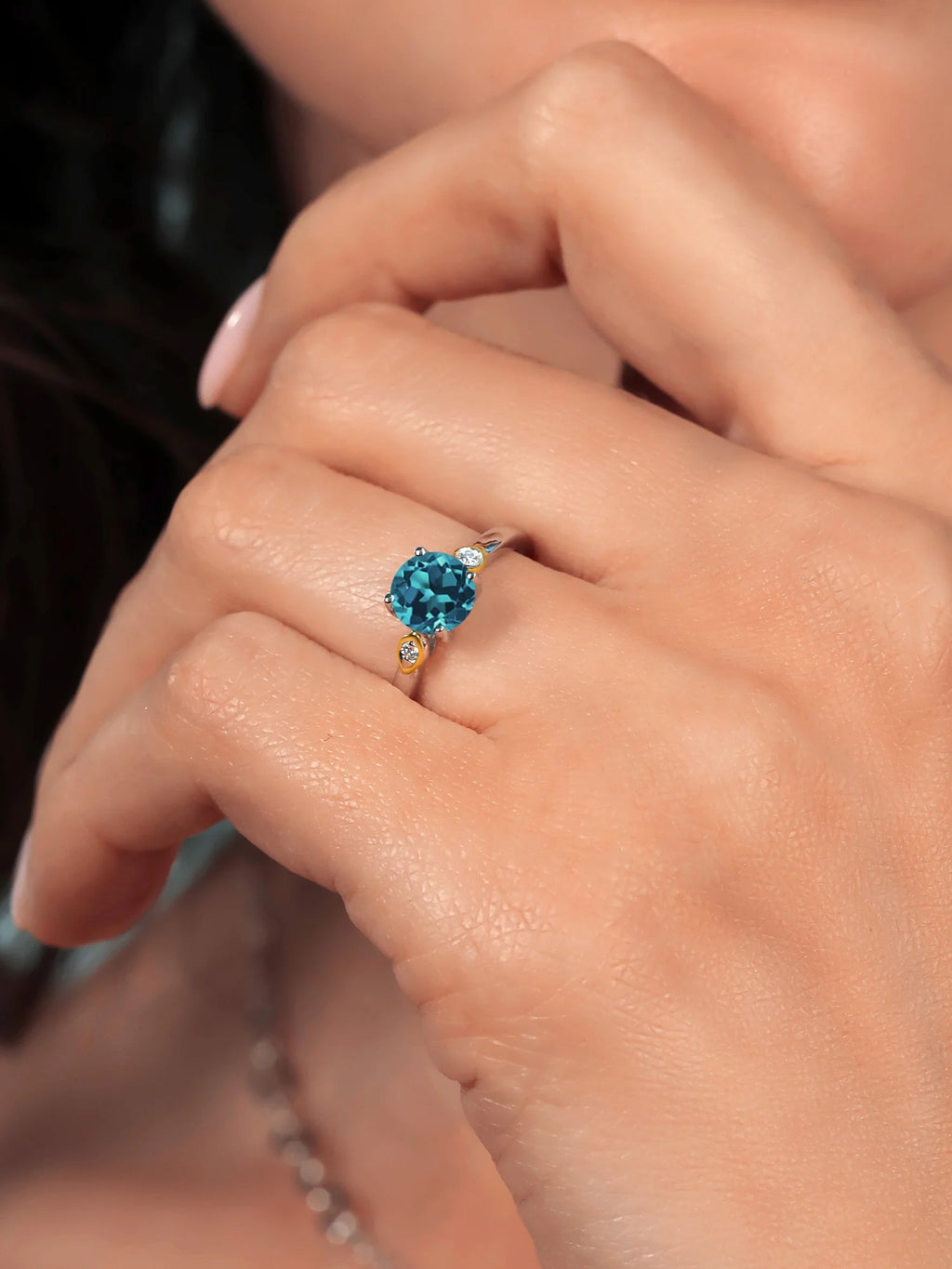 925 Silver and 10K Yellow Gold London Blue Topaz and White Lab Grown Diamond 3-Stone Engagement Ring H54811