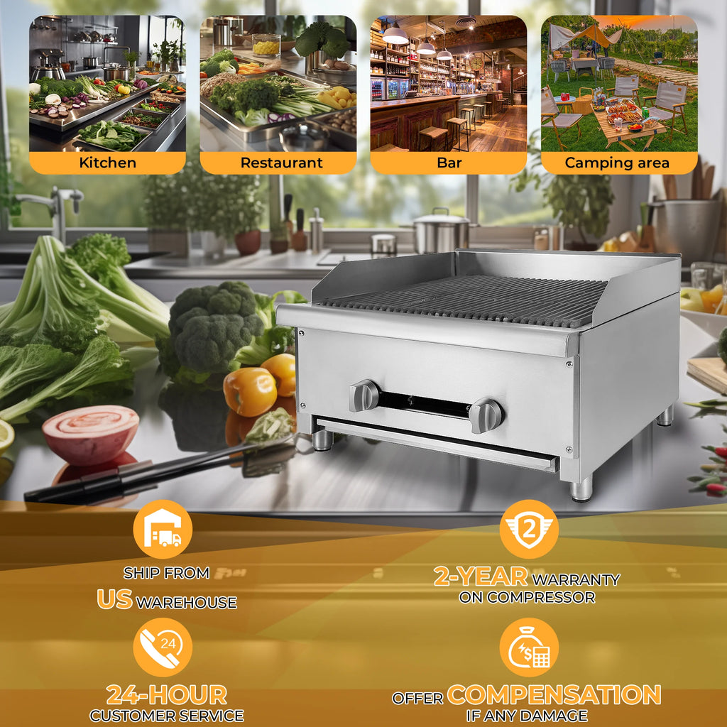 24" Commercial Natural Gas Lava Rock Charbroiler 2 Burners 56,000 BTU Stainless Steel Radiant Broiler N32462