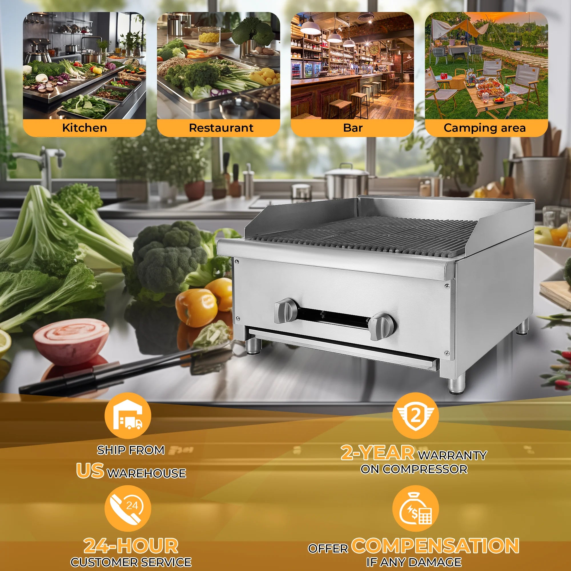 24" Commercial Natural Gas Lava Rock Charbroiler 2 Burners 56,000 BTU Stainless Steel Radiant Broiler N32462