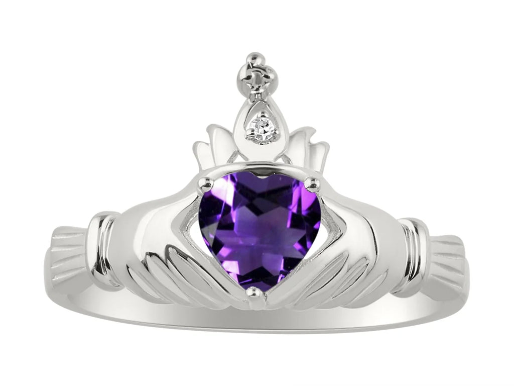 14K White Gold Claddah Friendship Ring & Cross Necklace 18" Chain Heart Gemstone & Diamonds 6MM Amethyst Birthstone Jewelry A184504