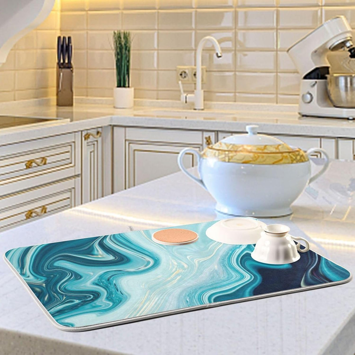 Blue Abstract Marble Dish Drying Mat, 16x18Inch D5149