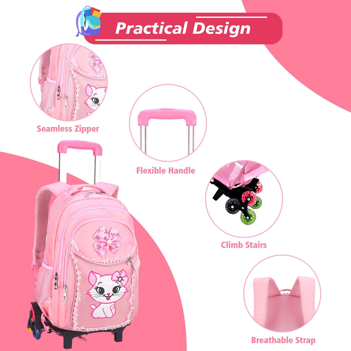 Pink Kids Rolling Backpack with Cartoon Cat S855715