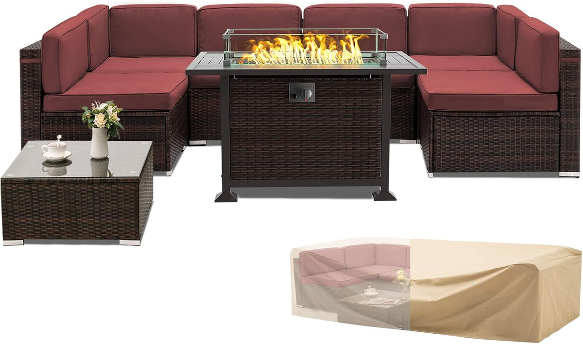 8 Piece Rattan Patio Furniture Set with Gas Fire Pit Table, Sofa Sectional, Coffee Table, 2 Waterproof Covers N117234