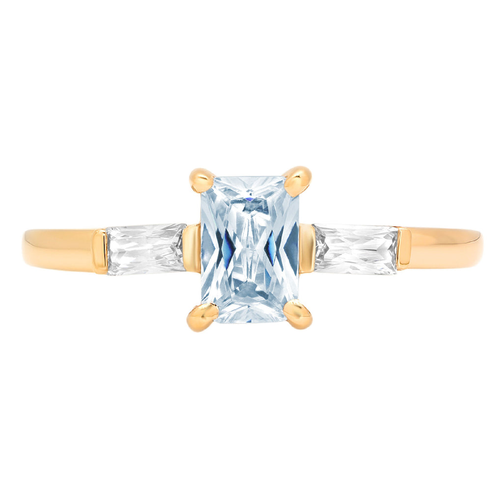 Emerald Cut Blue Topaz 18k Yellow Gold Three-Stone Ring Size 3.5 C686