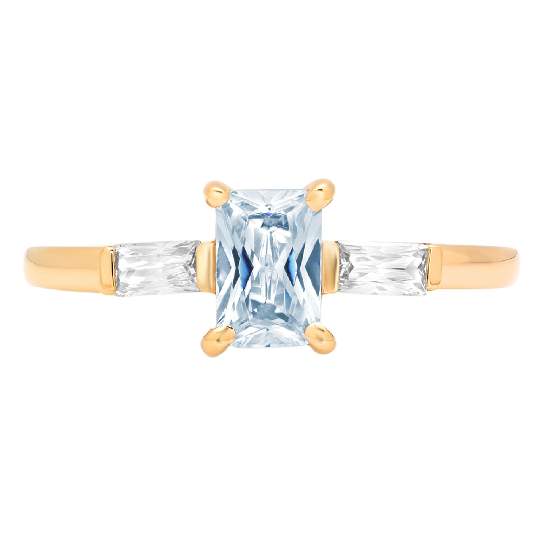 Emerald Cut Blue Topaz 18k Yellow Gold Three-Stone Ring Size 3.5 C686