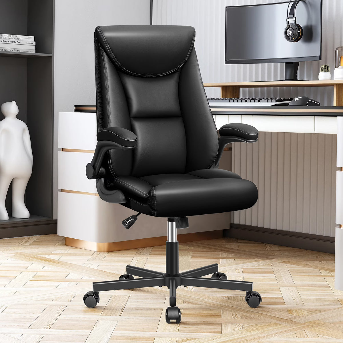 Black Leather Ergonomic Executive Office Chair with Adjustable Flip-Up Arms V195