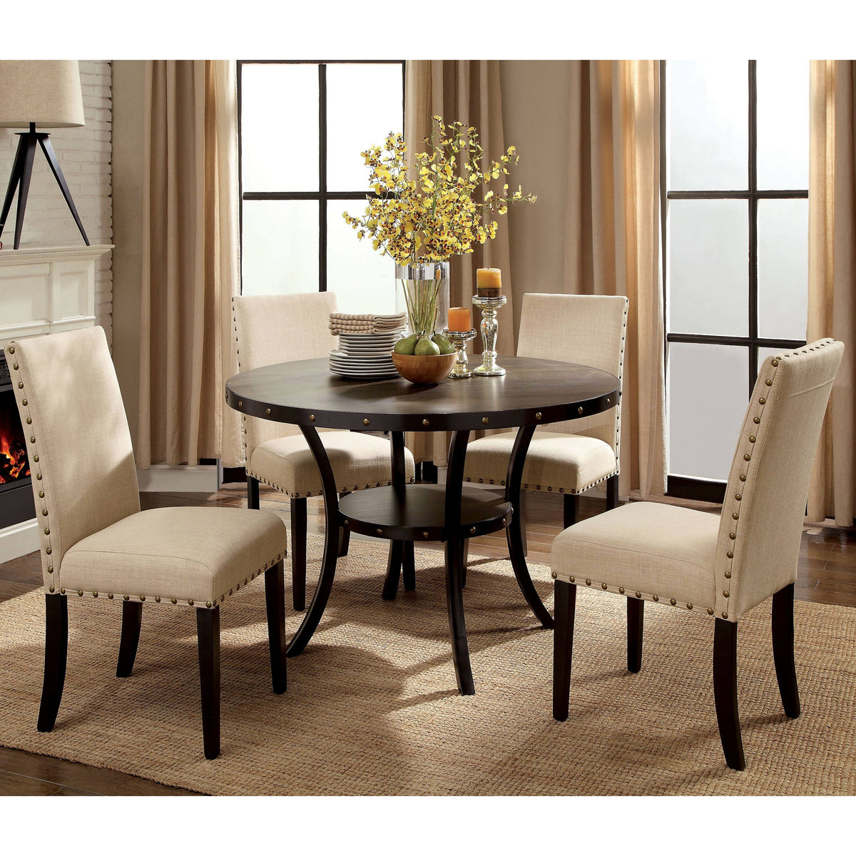 Walnut-Finished Wood/Veneer 48-Inch Round Industrial Dining Table X902652