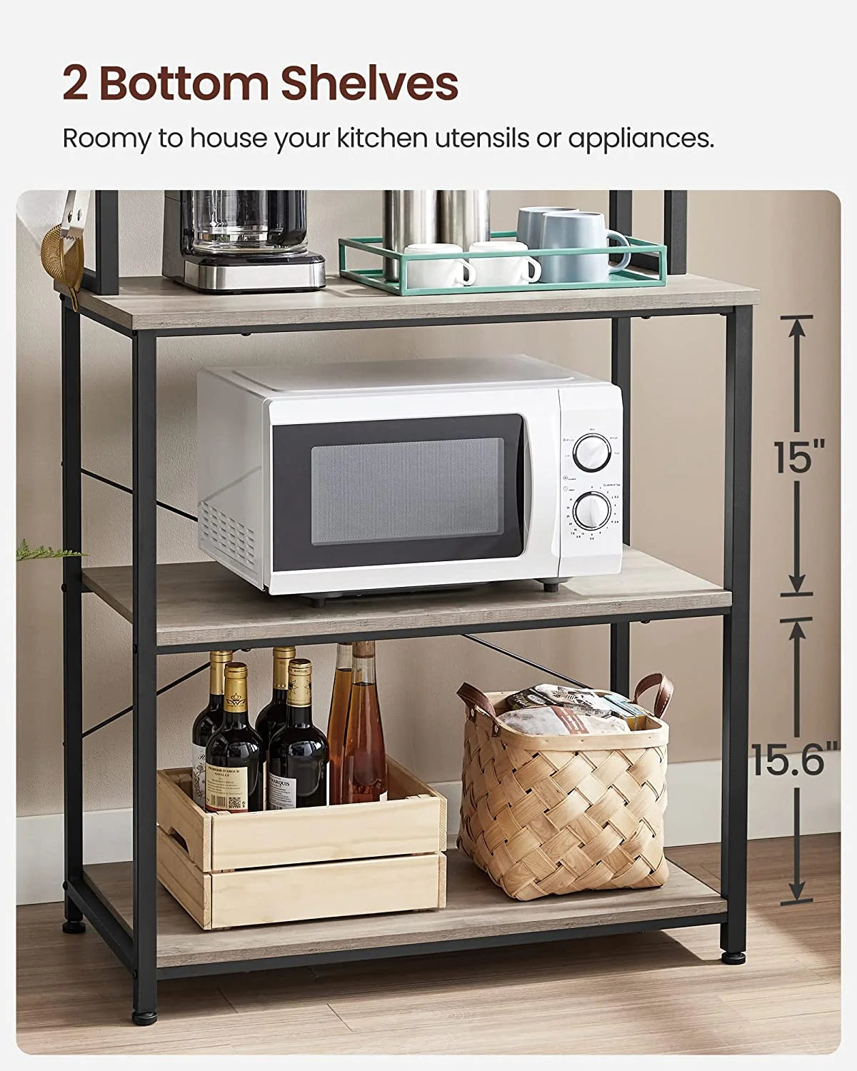 Coffee Bar with Storage, 6-Tier Kitchen Shelves with 6 Hooks, Greige and Black S276