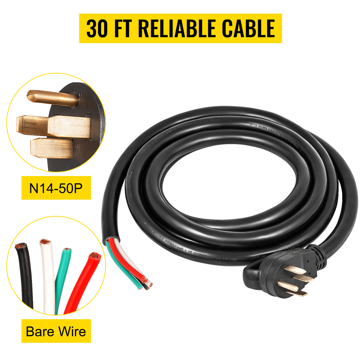 30' 50A RV Power Cord 6/3 + 8/1 AWG NEMA 14-50P to Bare Wire A83446
