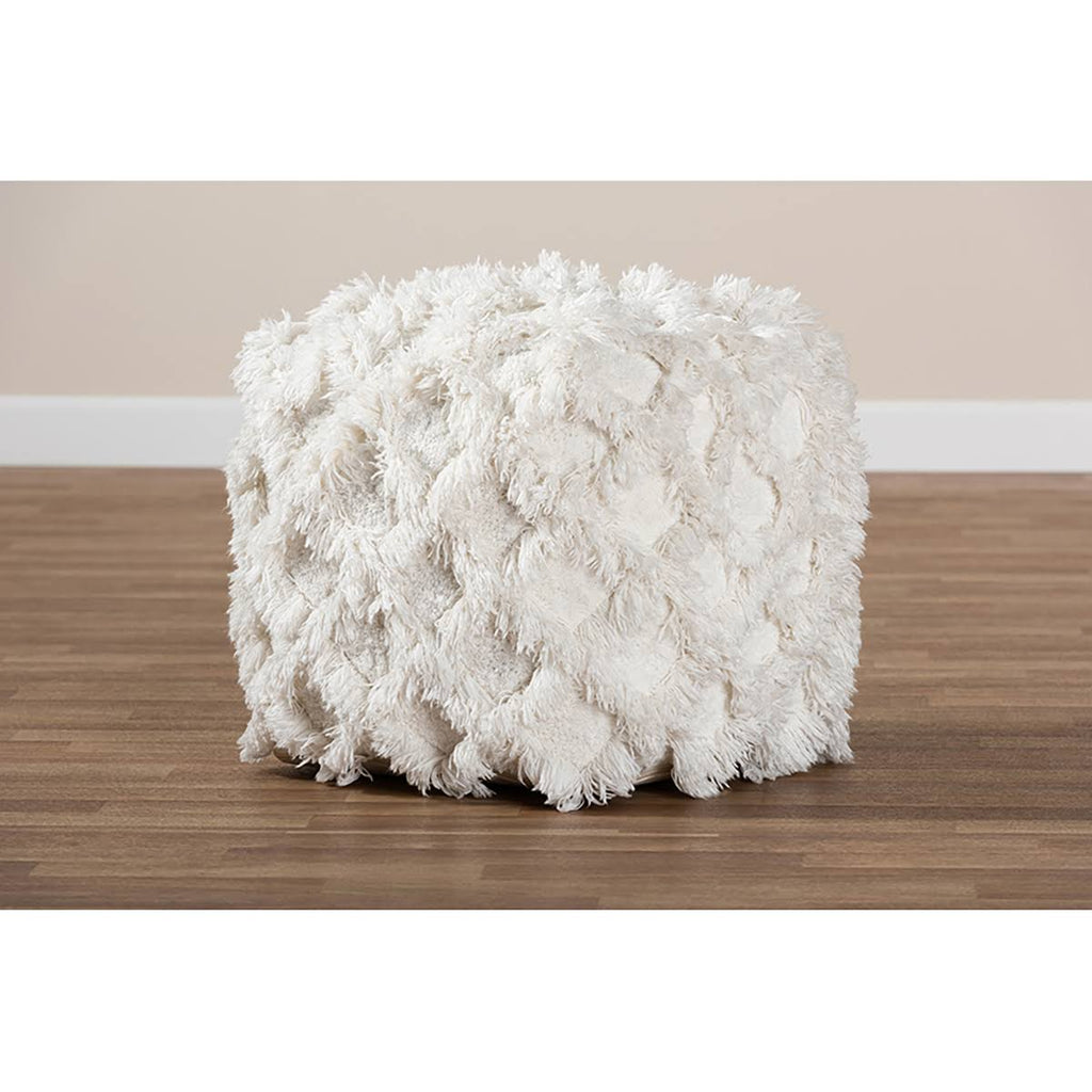 Ivory Handwoven Cotton Fringe Pouf Ottoman S5558