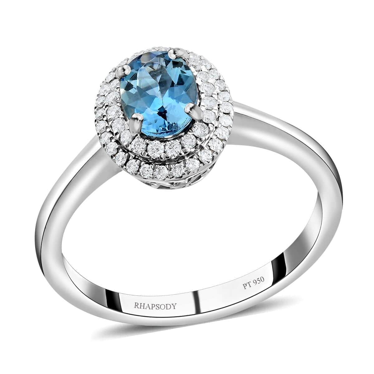 Blue Aquamarine White Diamond Oval 950 Platinum Halo Ring Size 10 Ct 0.86 E-F Color VS Clarity E879