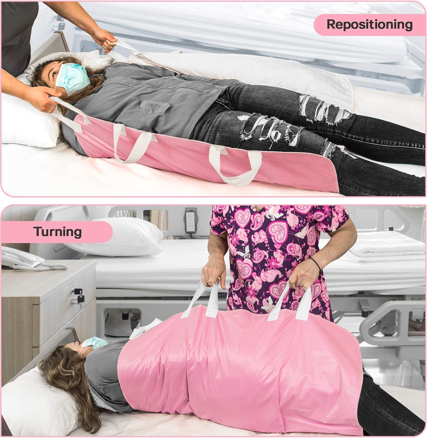 Waterproof Reusable Incontinence Bed Pad with 6 Handles, 34” x 36” (2-Pack Pink) M670538
