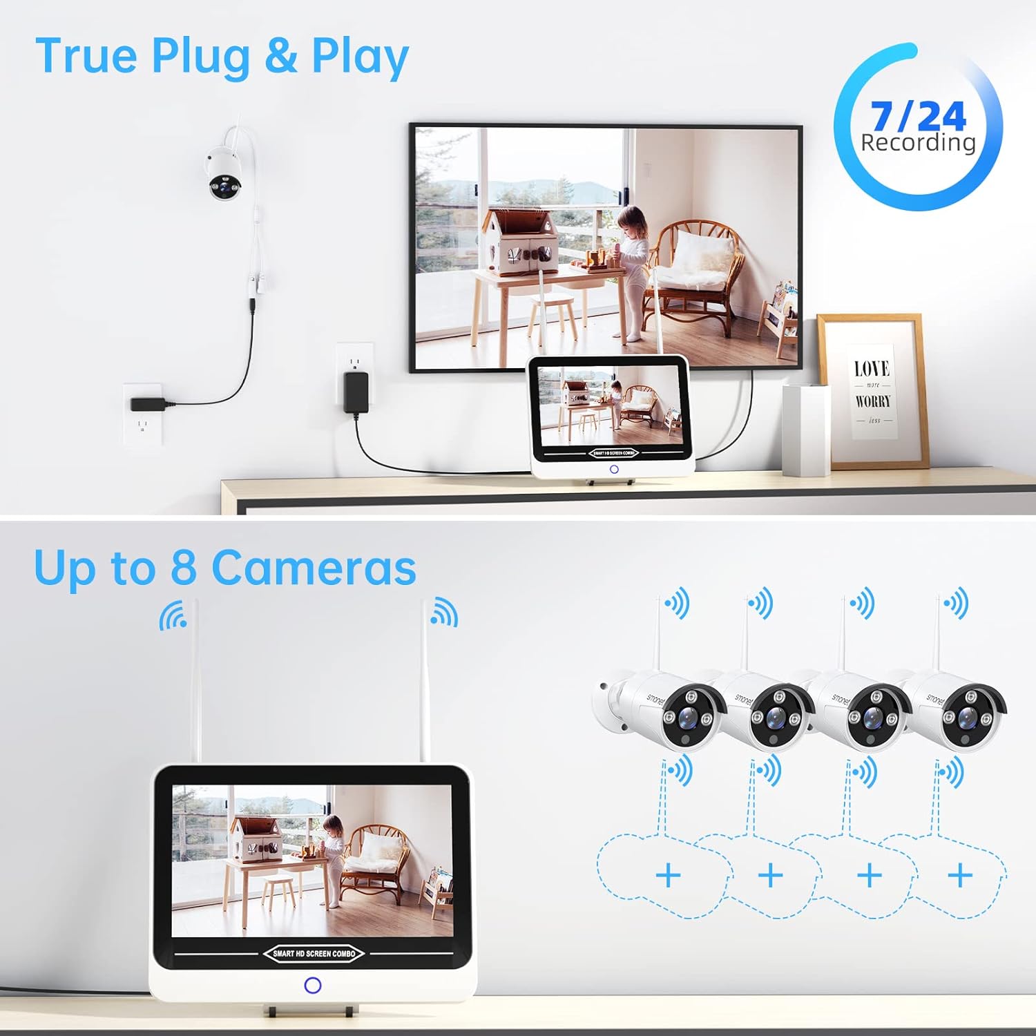 3MP Wireless Security Camera System with 12" Monitor, 8CH NVR Kit, 4Pcs Outdoor Indoor IP Cameras H237416