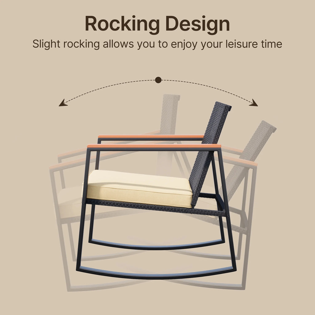 Beige Rattan Wicker Patio Rocking Chair Set with Coffee Table N1682