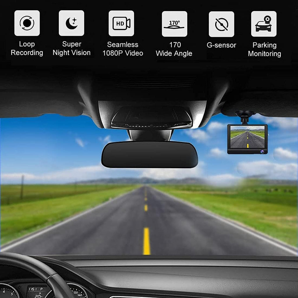 3 Channel Dash Cam Front Rear Inside 1080P Triple Dash Cam with Night Vision 170° Wide Angle T61730
