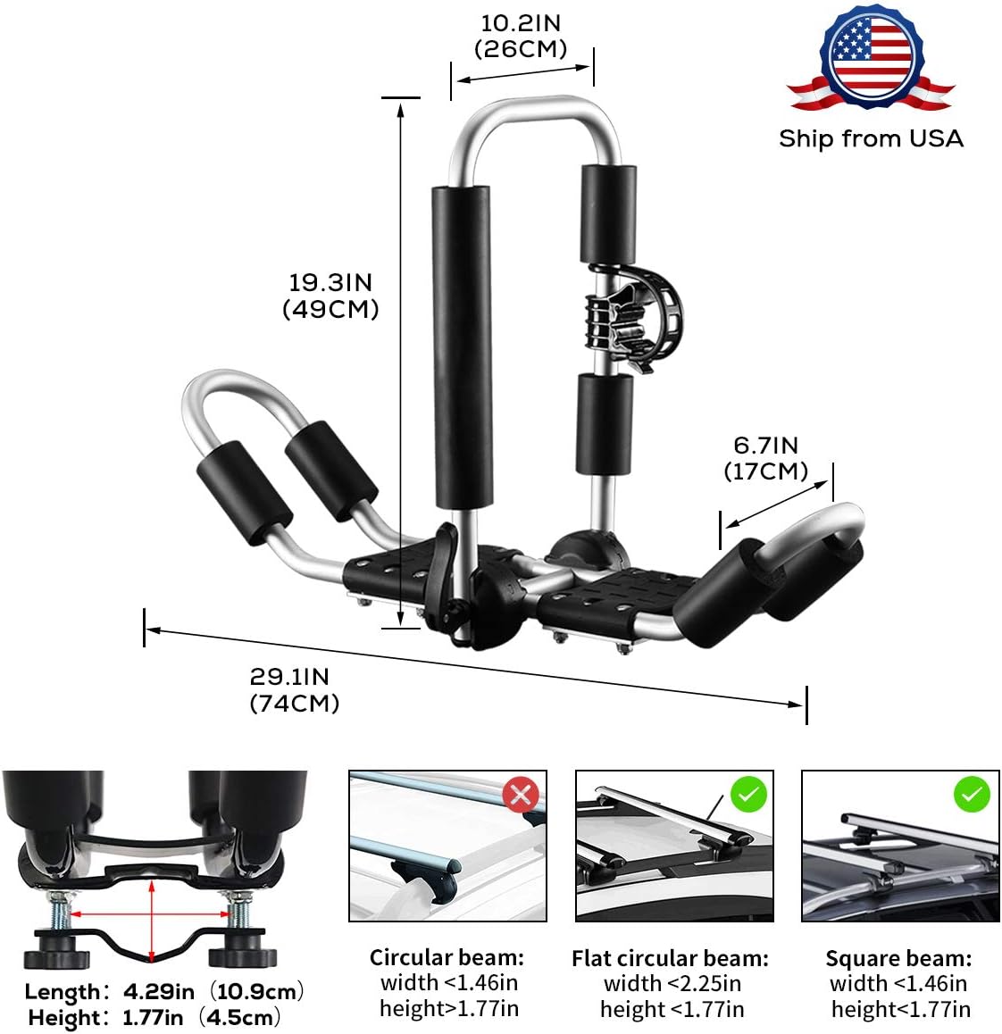 Aluminum Folding Kayak Rack for 2 Kayaks, J-Style 4 in 1 Kayak Carrier with Paddle Holder, 2 Piece Y65285