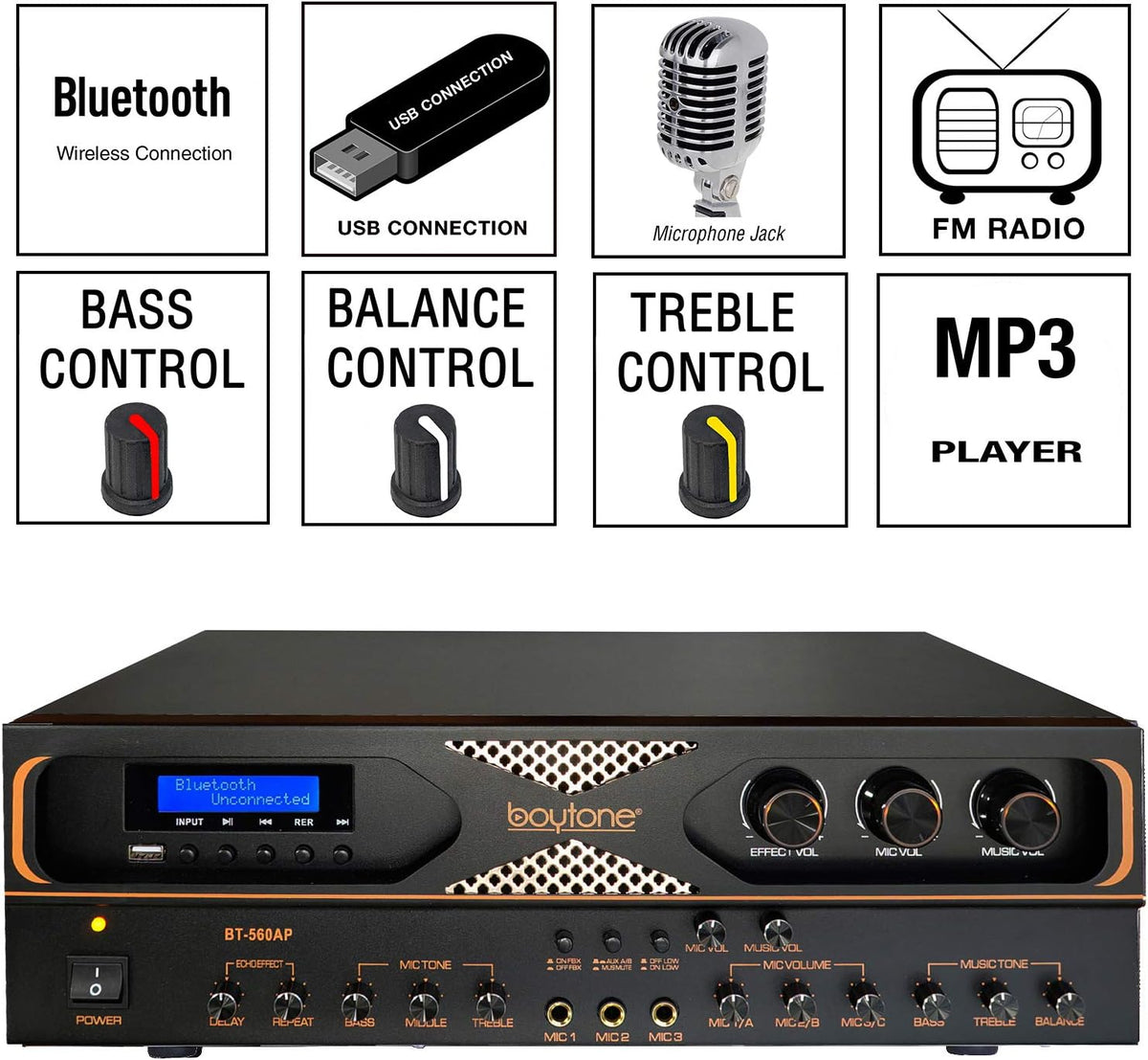 4-Channel Wireless Bluetooth Stereo Power Amplifier with Radio, USB, RCA, Microphone Input L60524