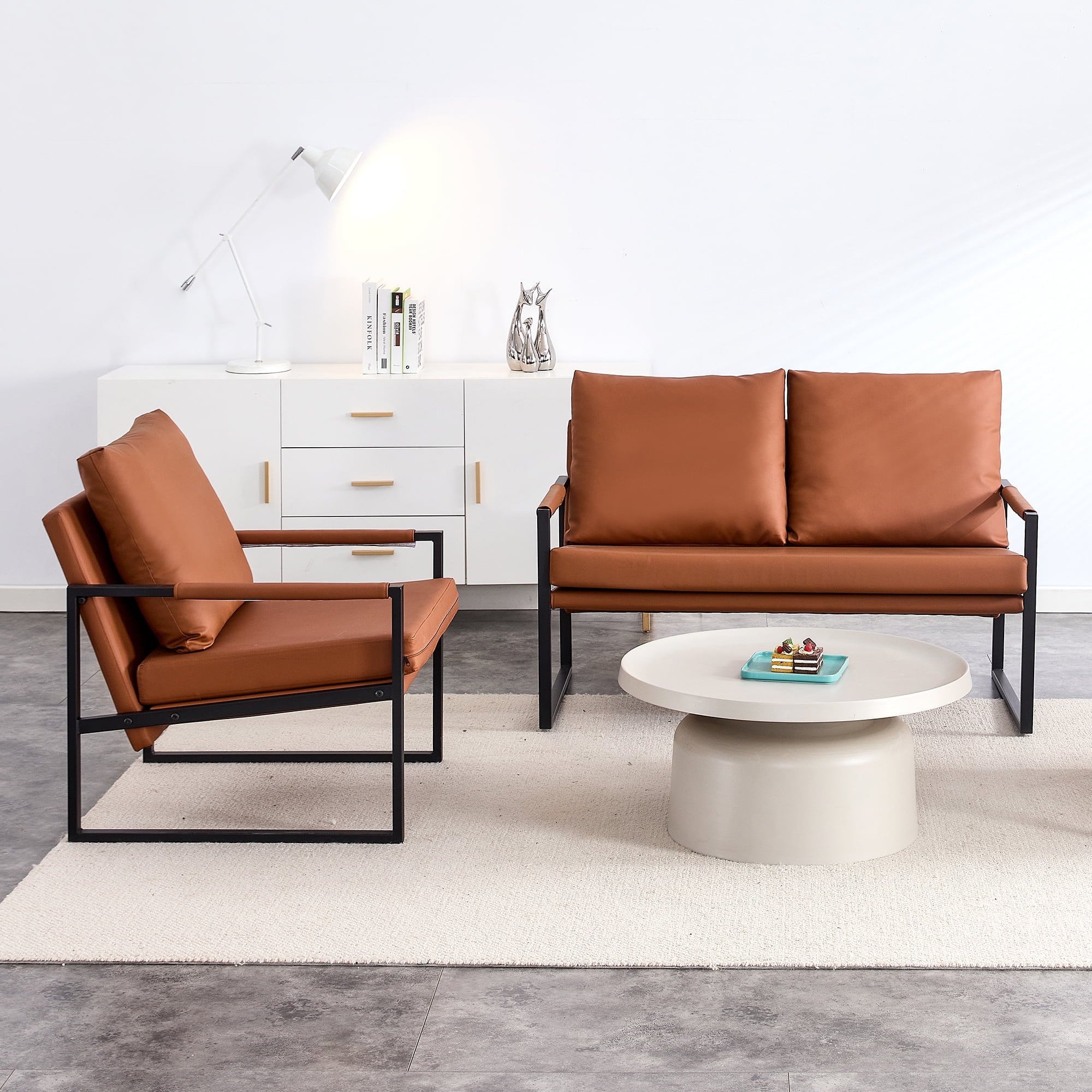 Brown PU Leather Two-Seater Sofa Chair with 2 Pillows D76740