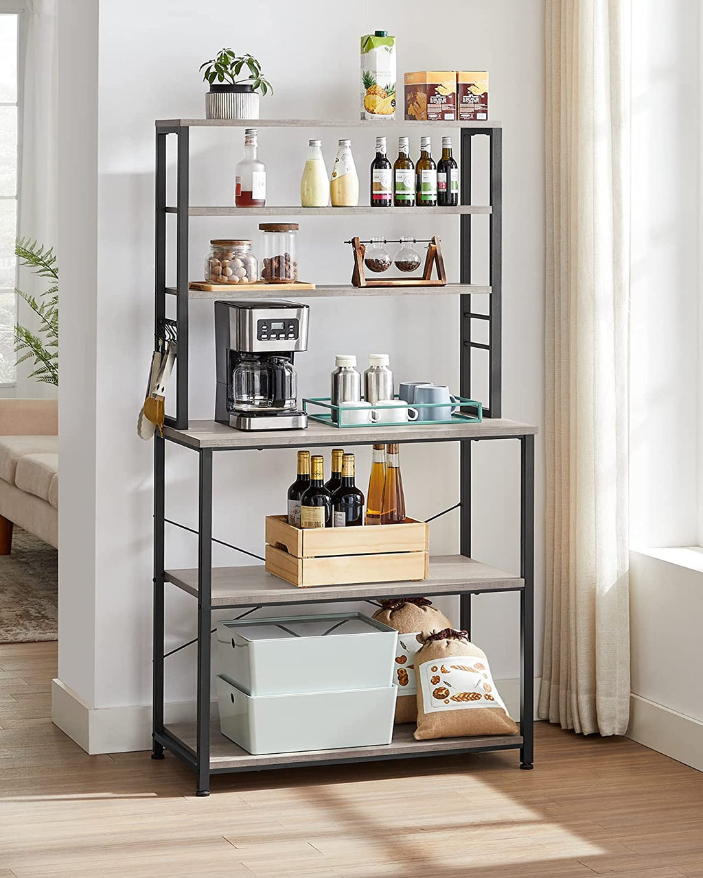 Coffee Bar with Storage, 6-Tier Kitchen Shelves with 6 Hooks, Greige and Black S276