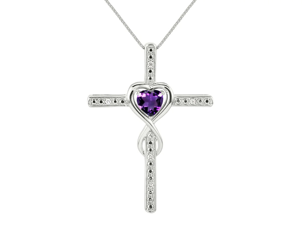 14K White Gold Claddah Friendship Ring & Cross Necklace 18" Chain Heart Gemstone & Diamonds 6MM Amethyst Birthstone Jewelry A184504