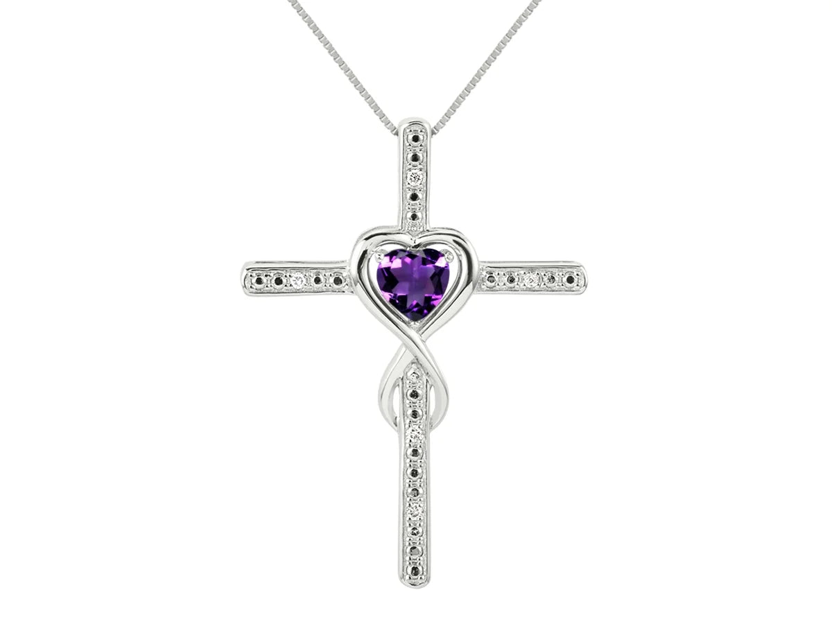 14K White Gold Claddah Friendship Ring & Cross Necklace 18" Chain Heart Gemstone & Diamonds 6MM Amethyst Birthstone Jewelry A184504