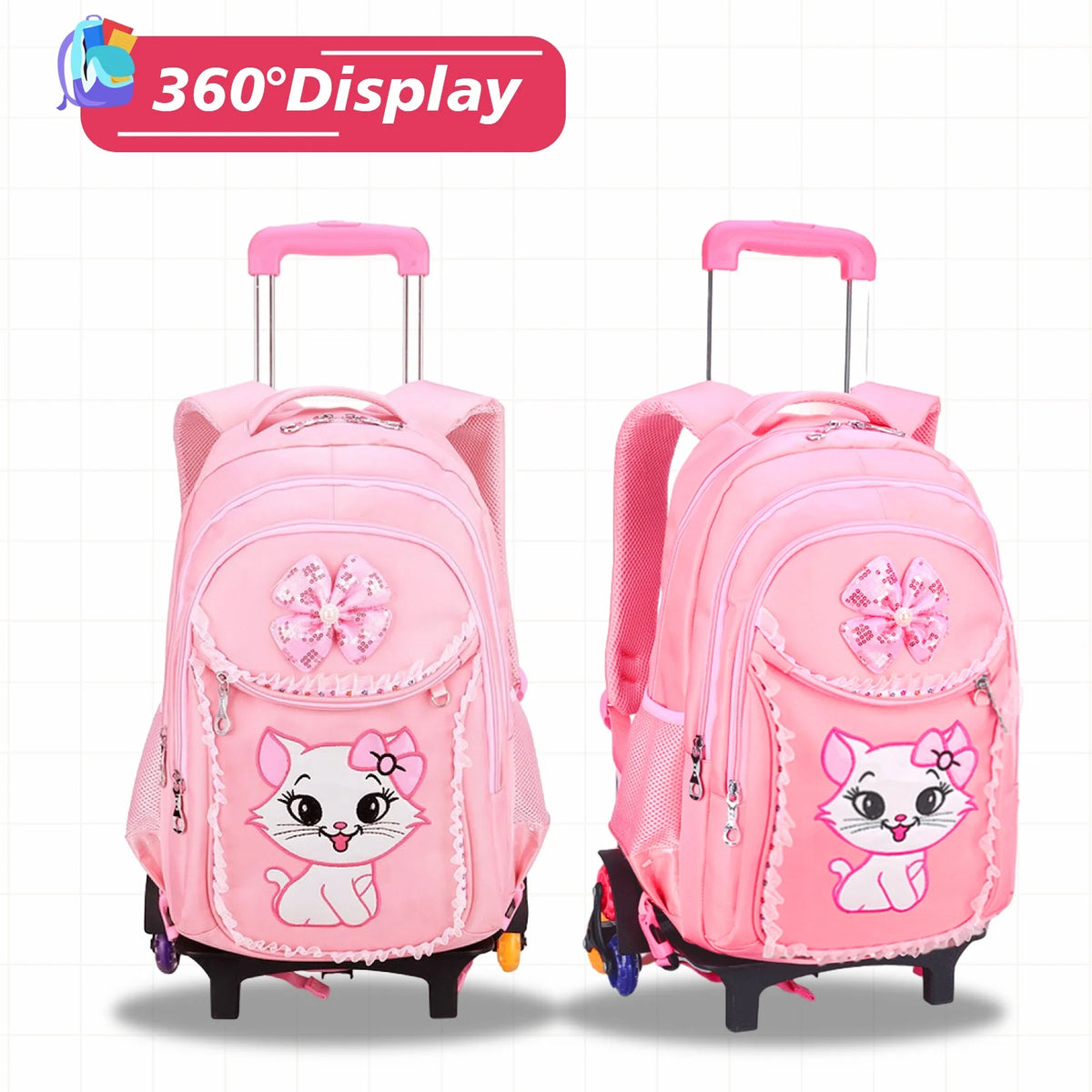 Pink Kids Rolling Backpack with Cartoon Cat S855715