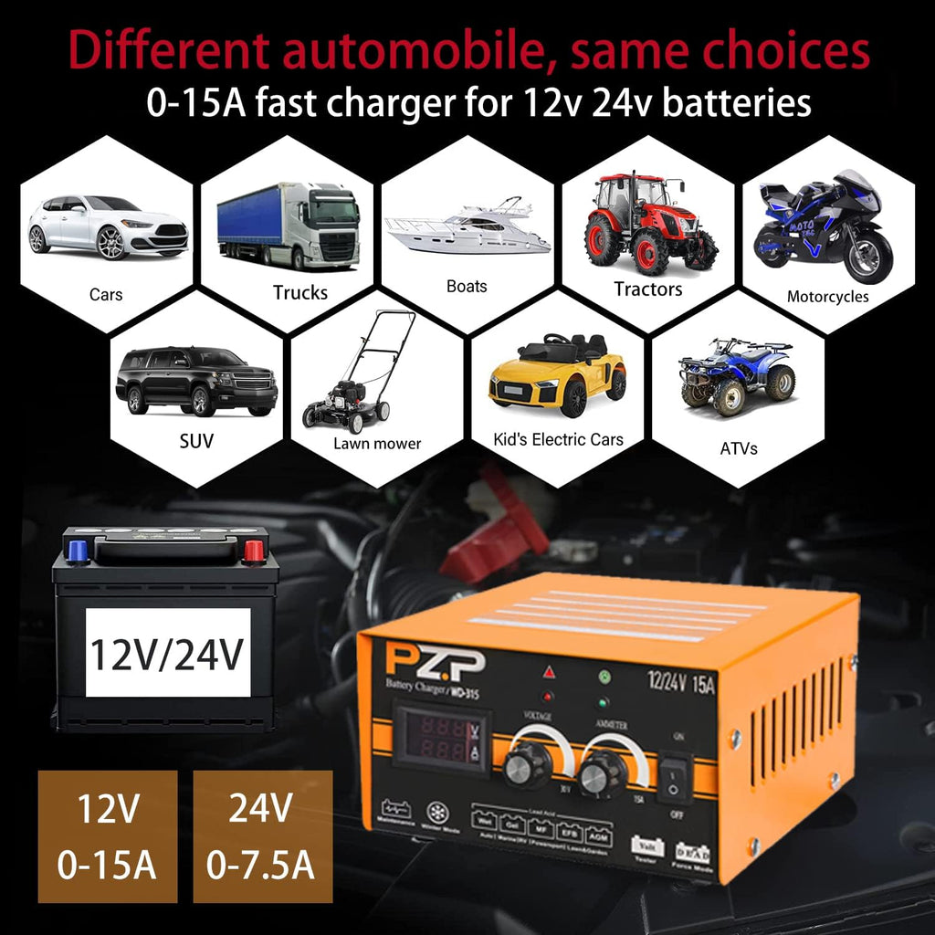 24v/12v 15-Amp Automotive Car Battery Fast Trickle Charger and Maintainer H9957
