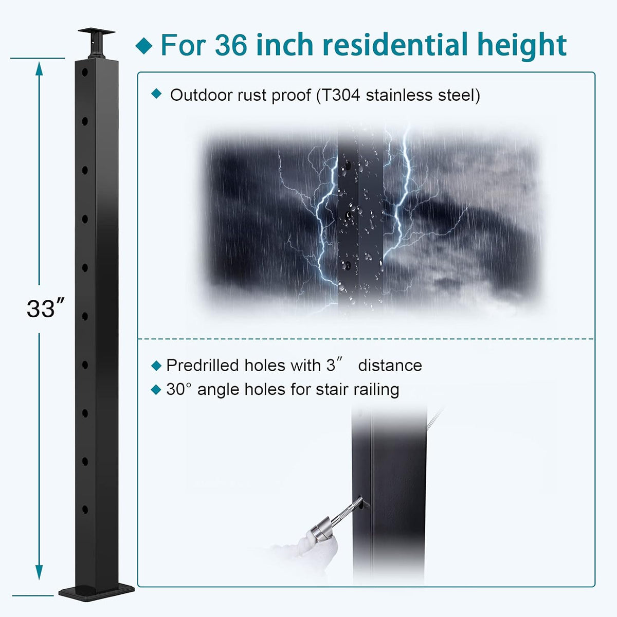 Black 30 Degree Stainless Steel Cable Railing Post U192158
