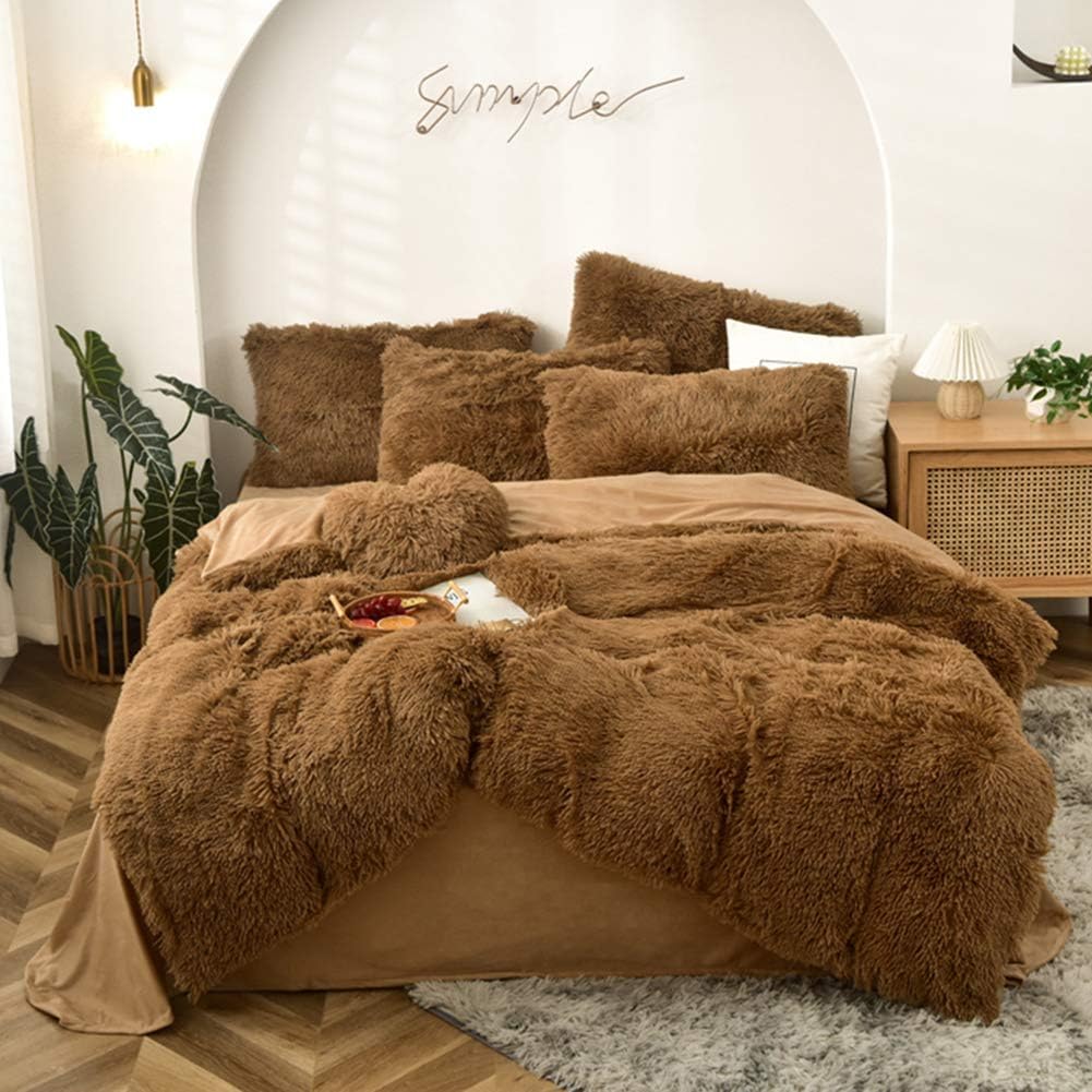 5 PCS Shaggy Duvet Cover Bedding Set (Orange, King/California King) K641