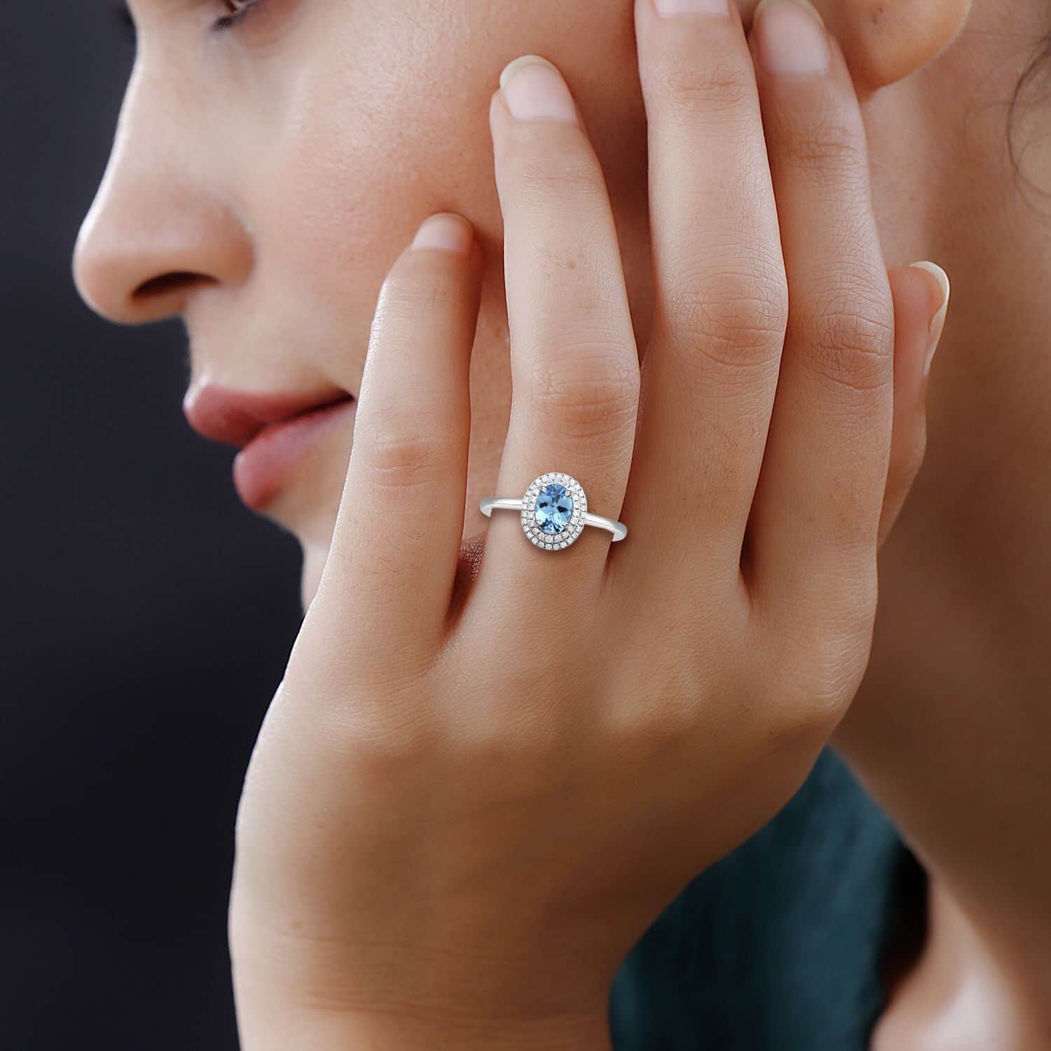 Blue Aquamarine White Diamond Oval 950 Platinum Halo Ring Size 10 Ct 0.86 E-F Color VS Clarity E879