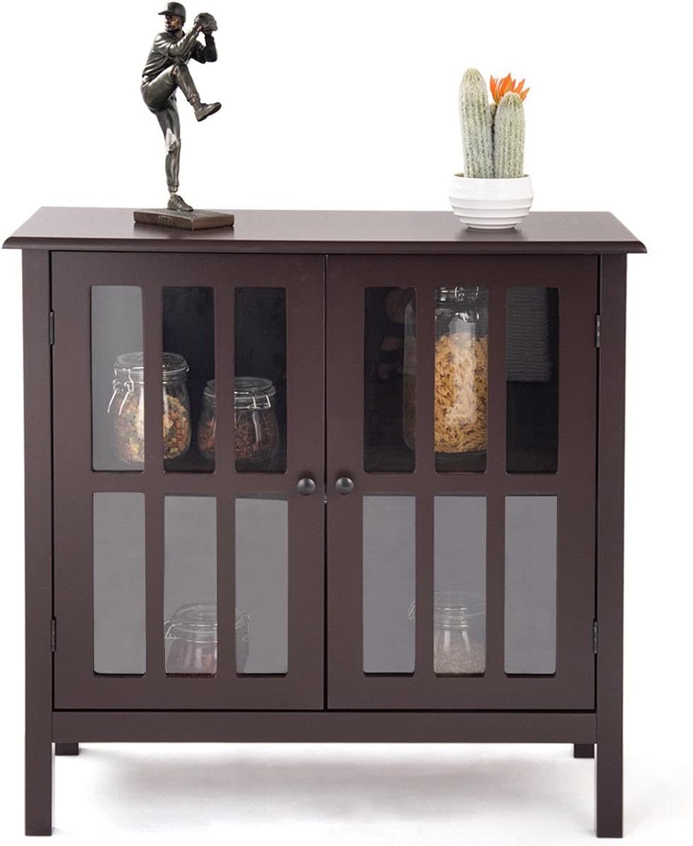 Dark Brown Storage Cabinet Organizer Buffet Server Sideboard Console Bedside Table 2 Tempered Glass Door 2 Storage Shelves O7760