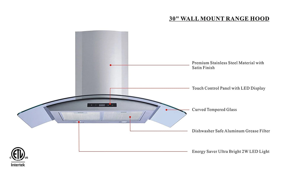 30" Stainless Steel Tempered Glass Wall Mount Range Hood X607875