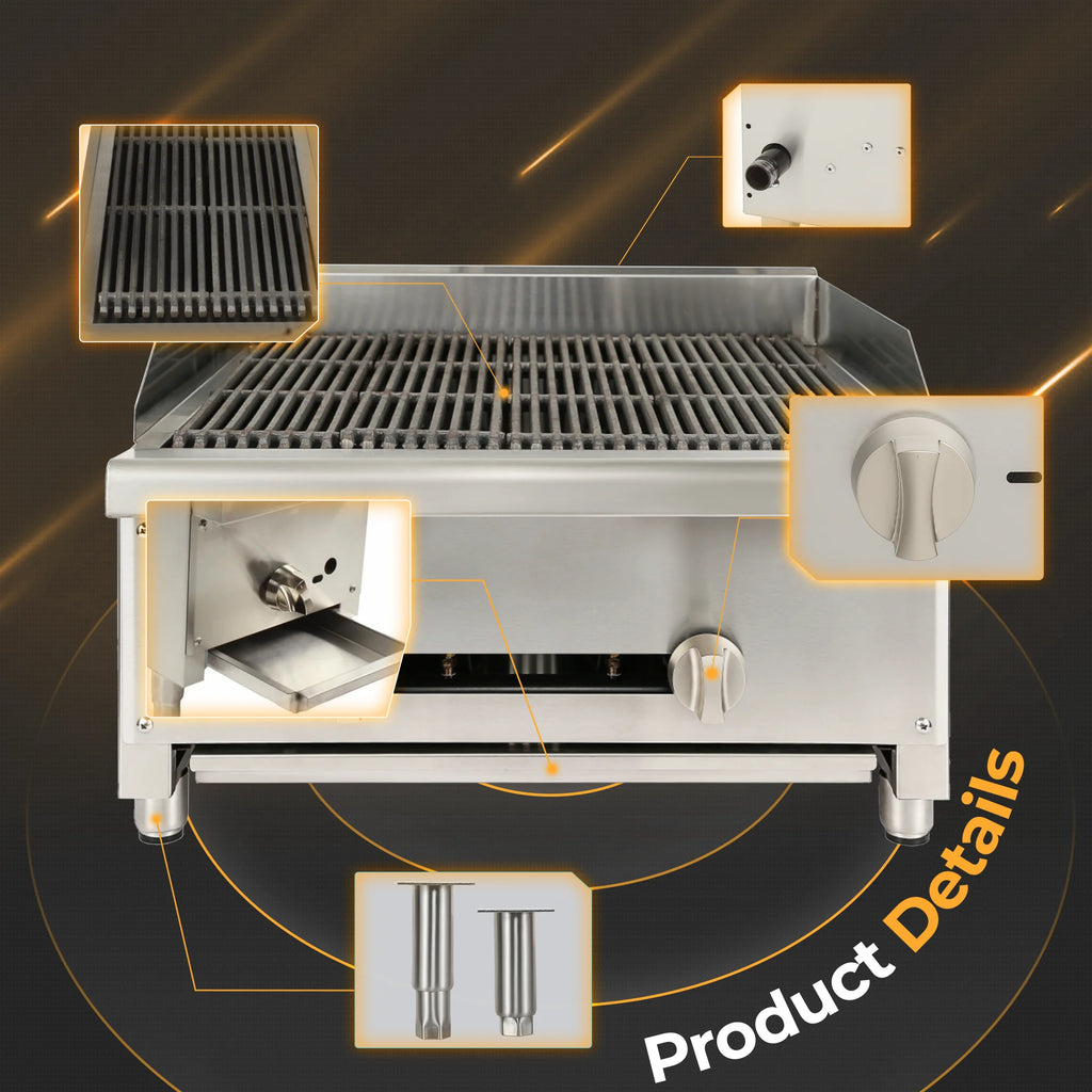 24" Commercial Natural Gas Lava Rock Charbroiler 2 Burners 56,000 BTU Stainless Steel Radiant Broiler N32462