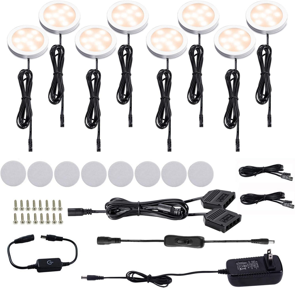 LED Under Cabinet Puck Lights Kit with Touch Dimming Switch, 8 Lights, Warm White, Pack of 2 H248