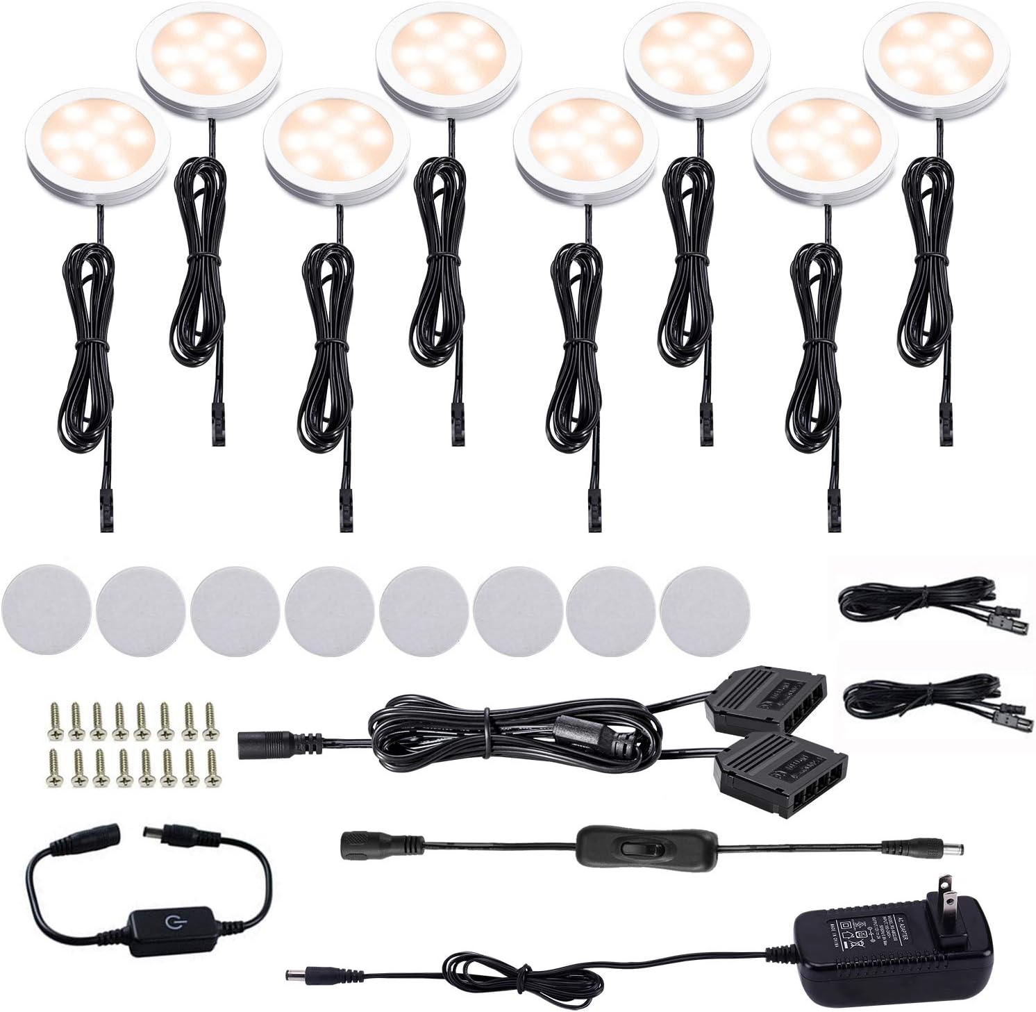 LED Under Cabinet Puck Lights Kit with Touch Dimming Switch, 8 Lights, Warm White, Pack of 2 H248