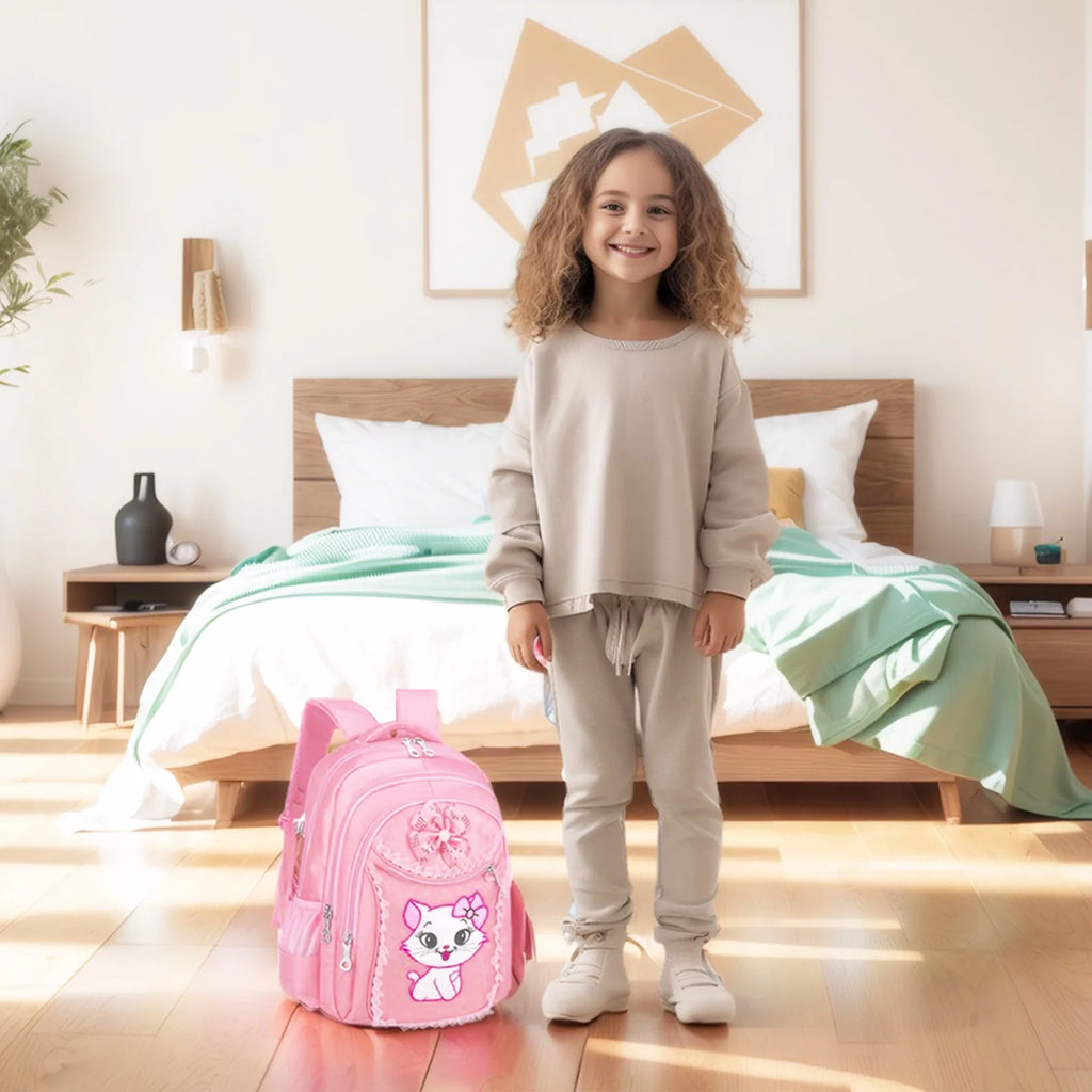 Pink Kids Rolling Backpack with Cartoon Cat S855715