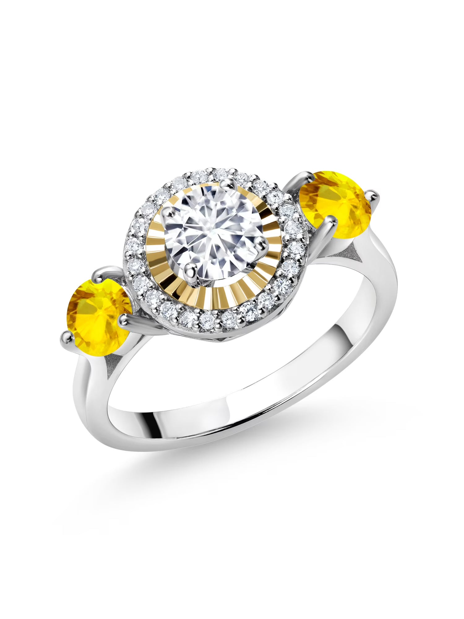 1.34 Ct Lab Grown Diamond Yellow Sapphire 925 Silver 10K Yellow Gold 3 Stone Engagement Ring L349