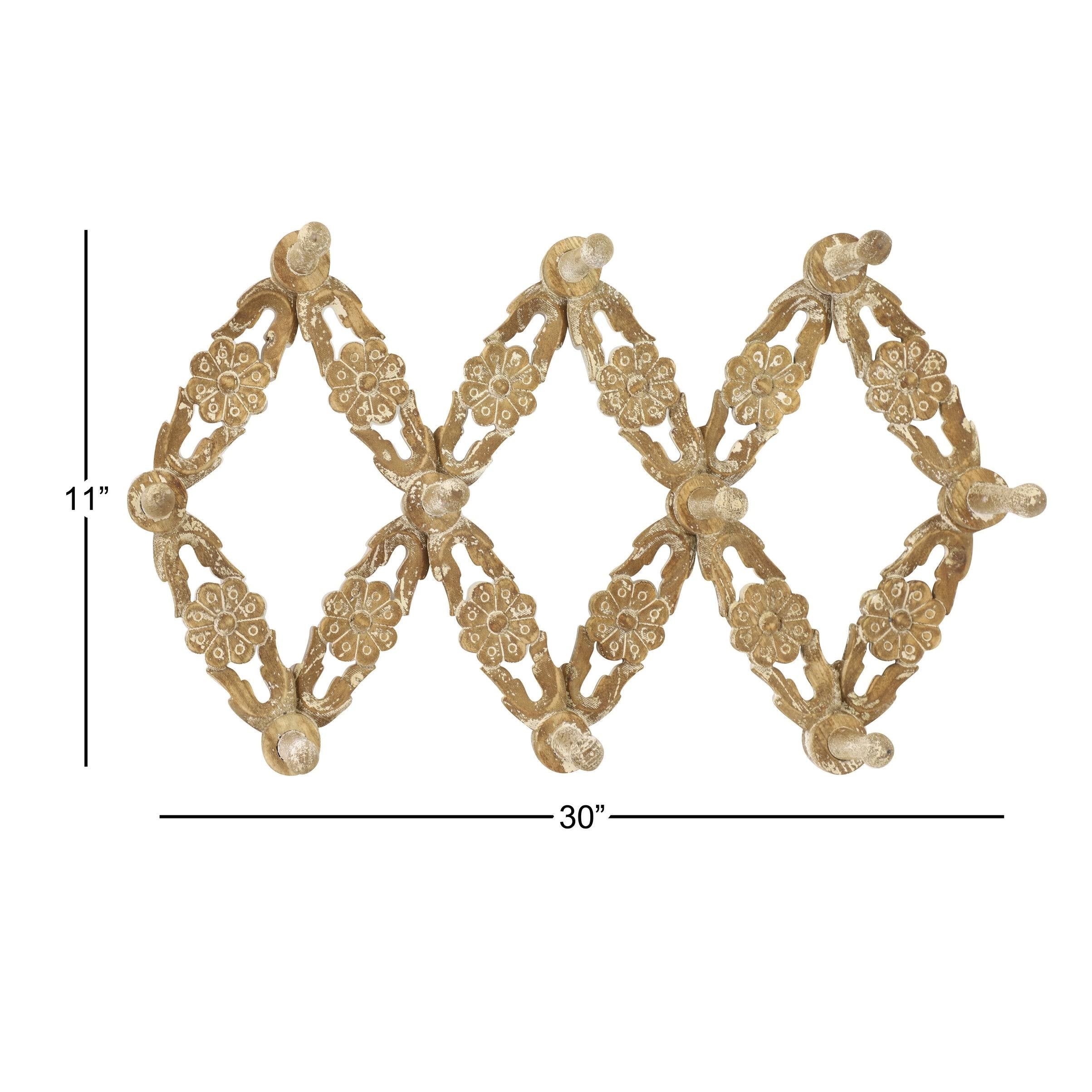 Large Natural Wood Wall Hook Accordion Rack with 10 Wood Pegs V85916