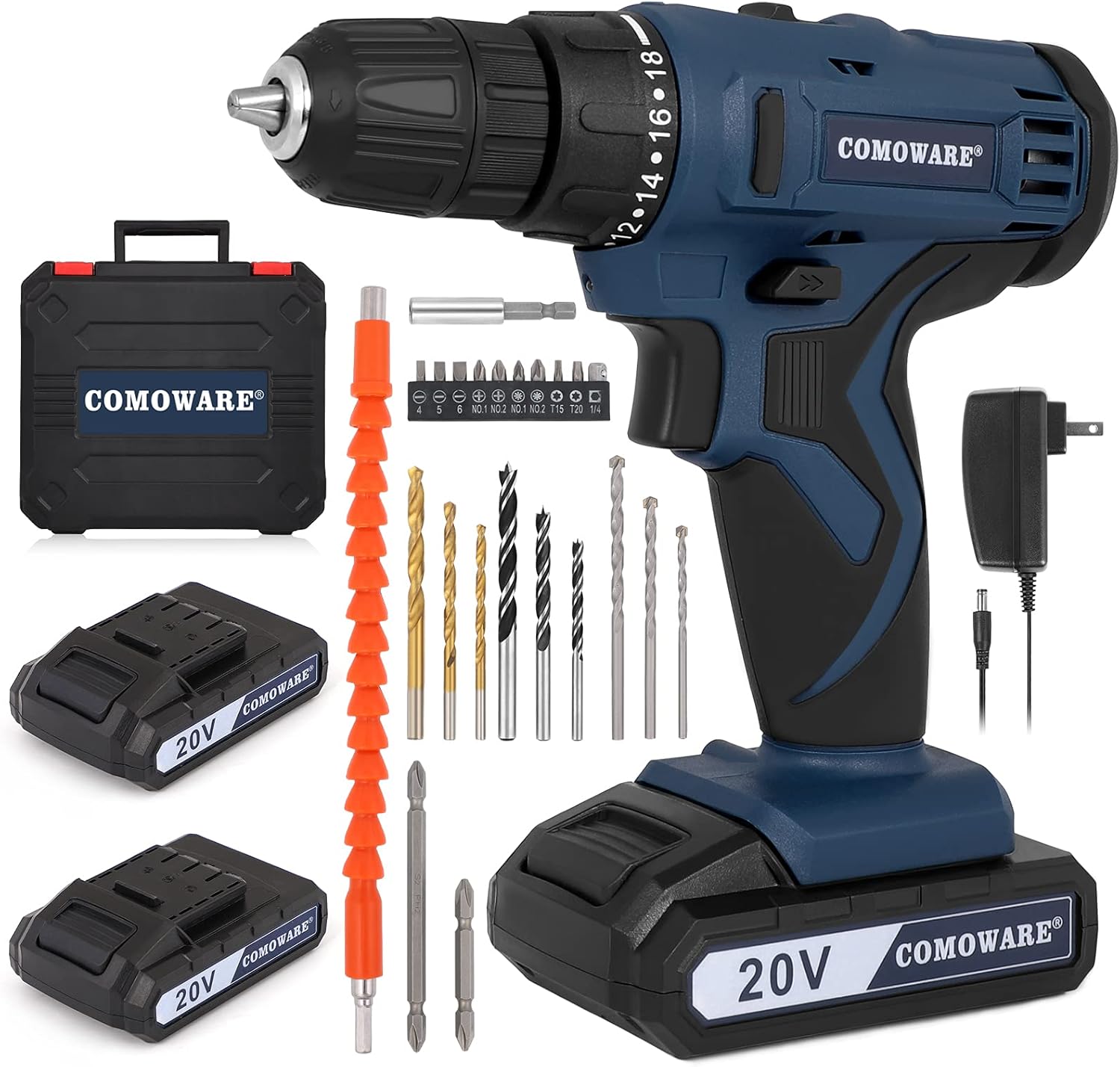 Cordless Drill with 2 Li-ion Batteries & Fast Charger, 3/8” Keyless Chuck, 21+1 Torque Setting J26410