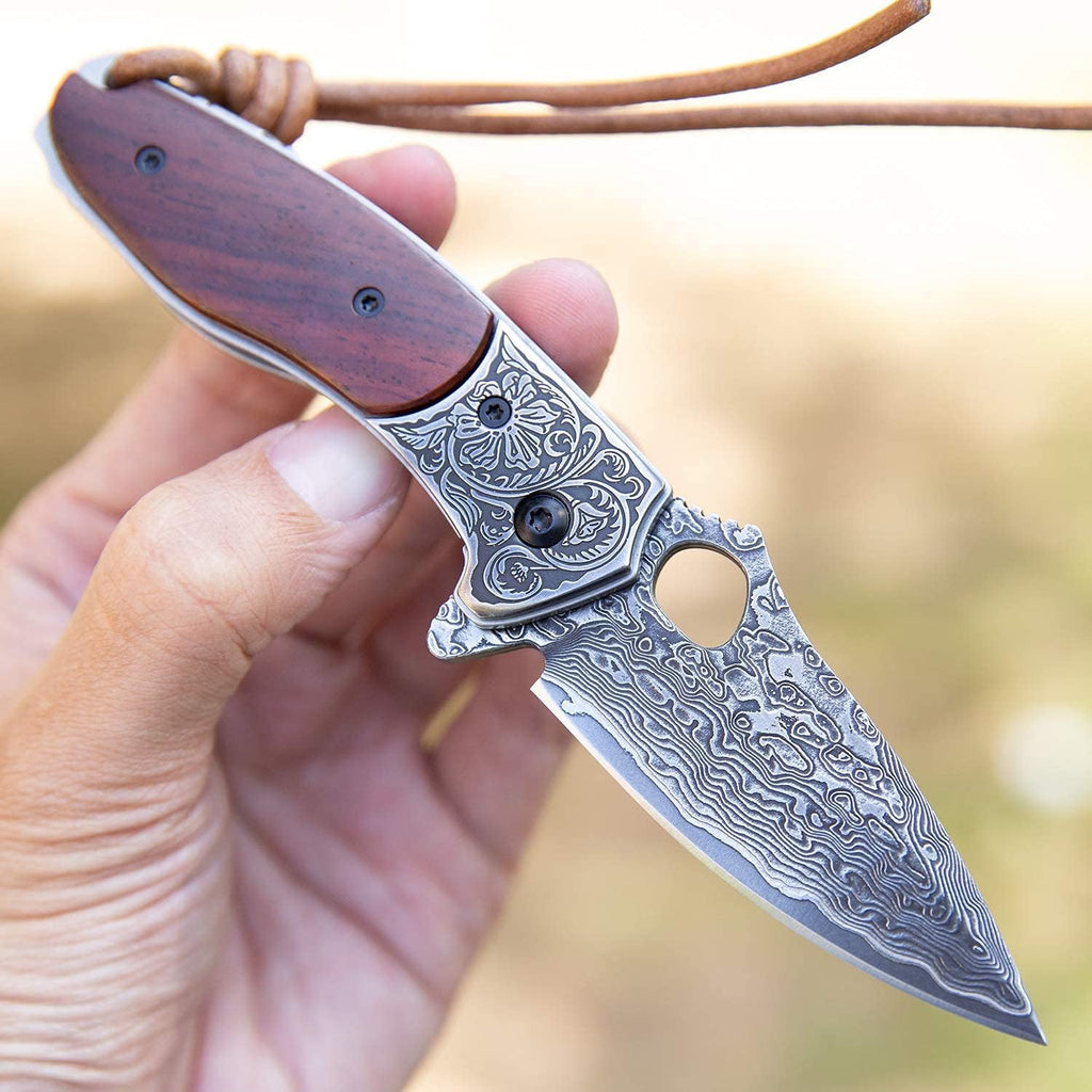 2.5in VG10 Damascus Steel Folding Pocket Knife with Rosewood Handle O14872