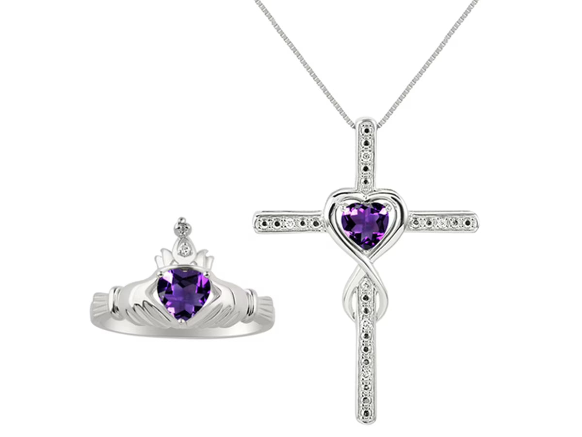 14K White Gold Claddah Friendship Ring & Cross Necklace 18" Chain Heart Gemstone & Diamonds 6MM Amethyst Birthstone Jewelry A184504