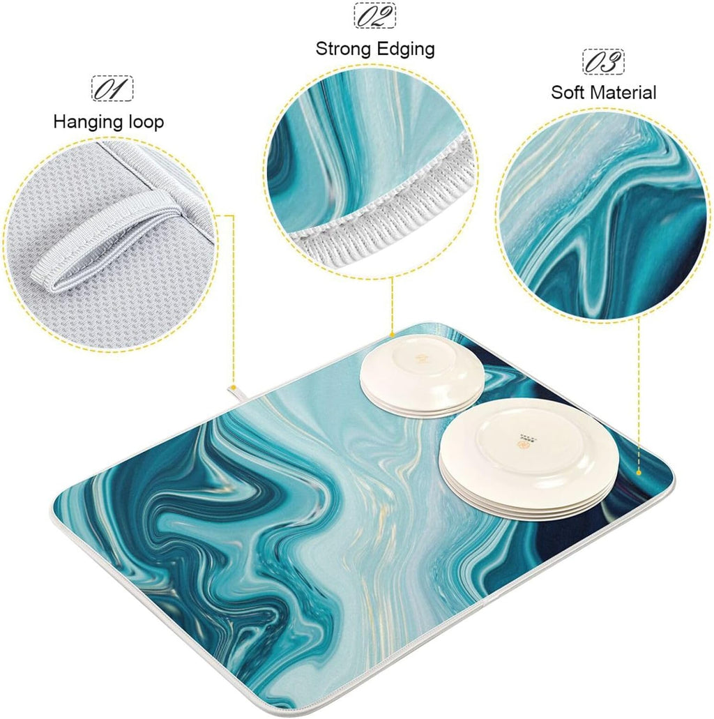 Blue Abstract Marble Dish Drying Mat, 16x18Inch D5149
