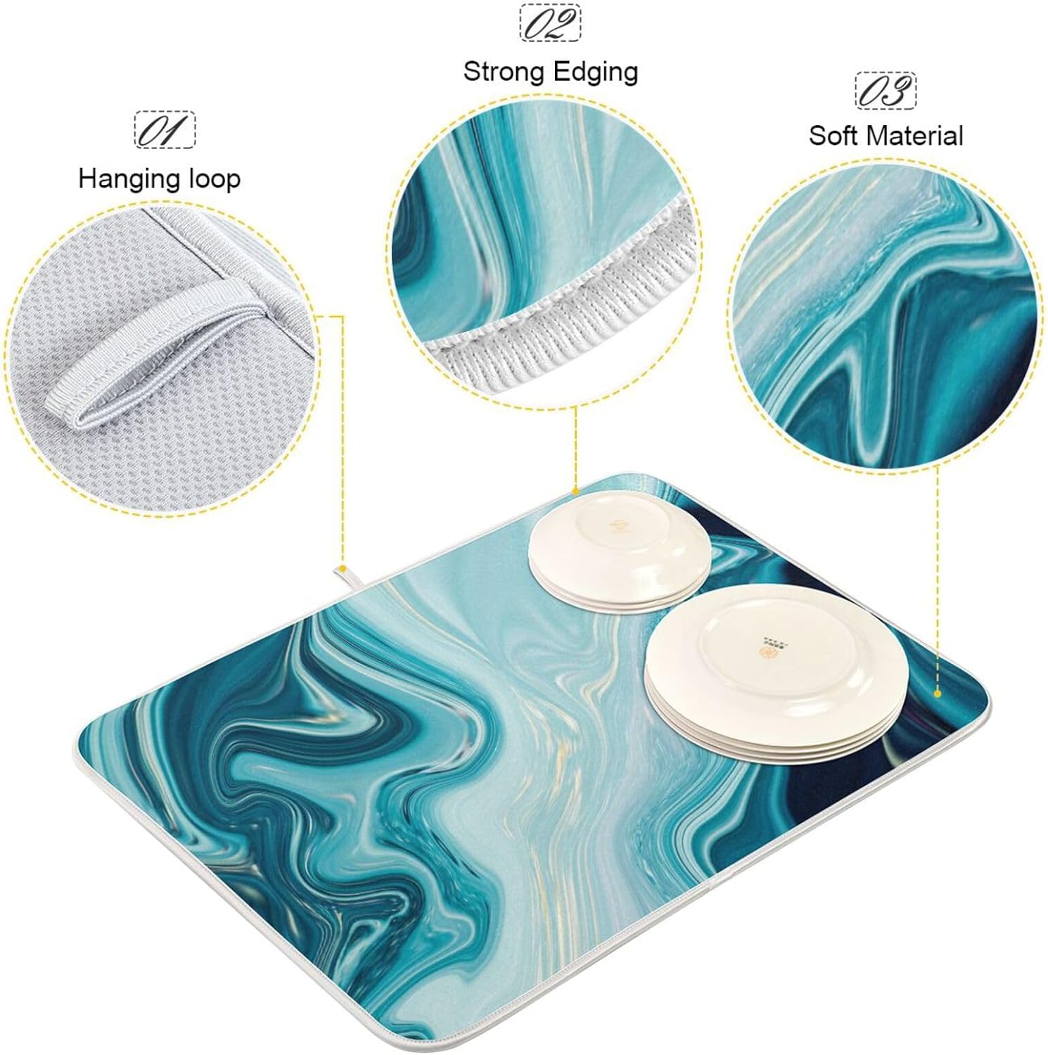 Blue Abstract Marble Dish Drying Mat, 16x18Inch D5149