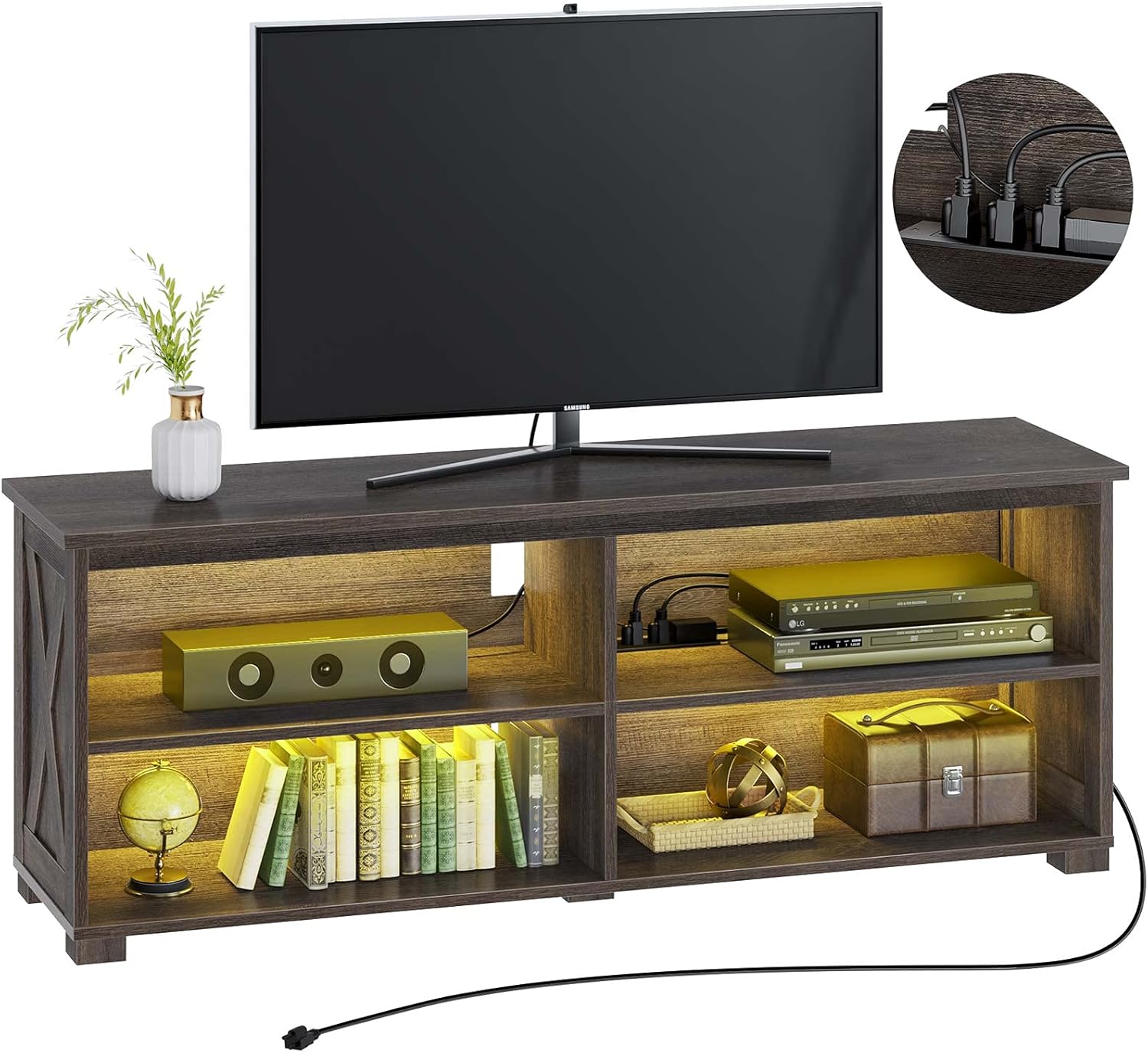 Rustic Brown TV Stand with Power Outlet and LED Lights Q91134