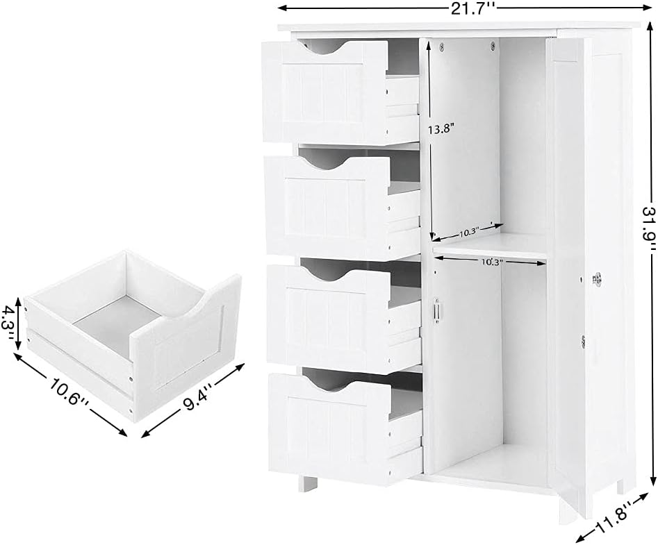 White Wooden Floor Storage Cabinet with 1 Door & 4 Drawer L73023