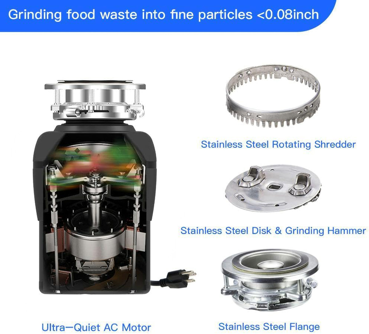 Garbage Disposal with Stainless Steel Grinding Chamber, 1/2 HP Continuous Feed with Power Cord N476