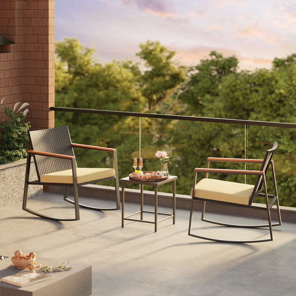 Beige Rattan Wicker Patio Rocking Chair Set with Coffee Table N1682