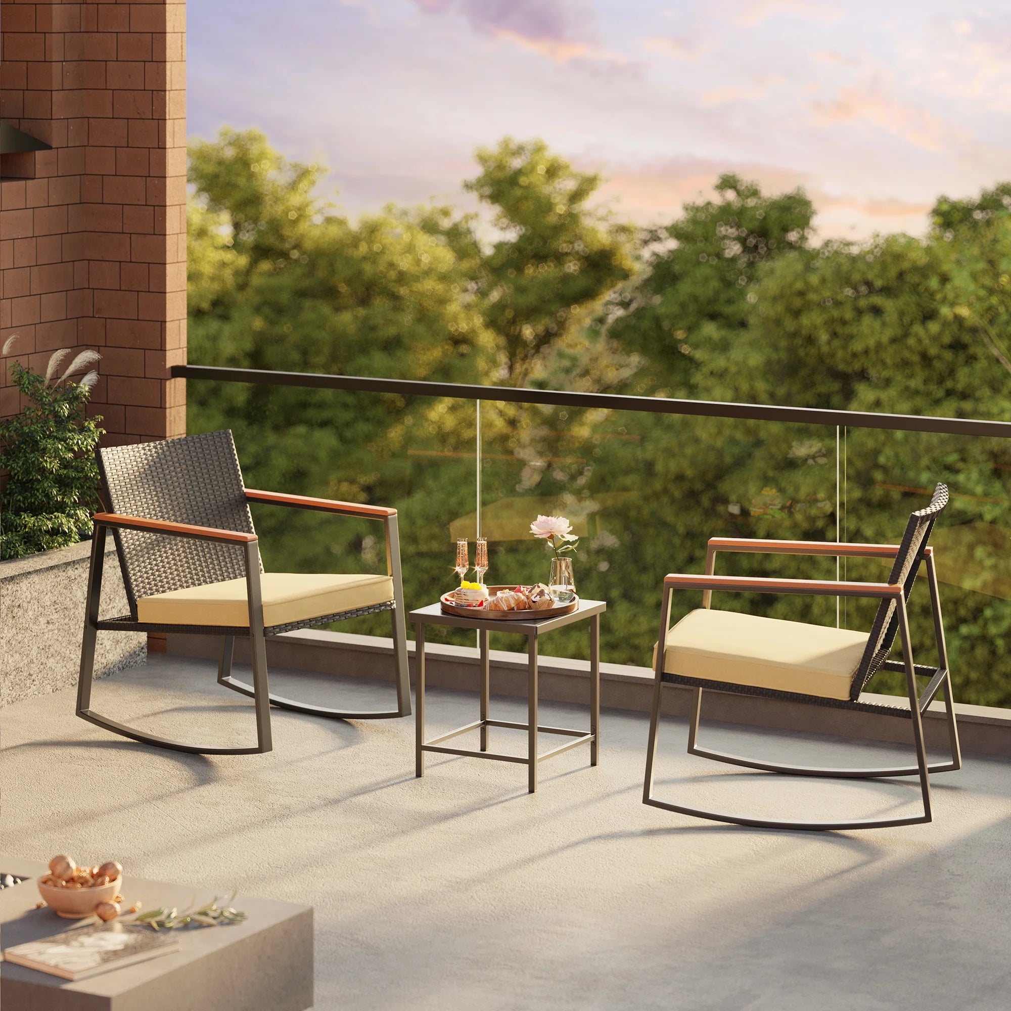 Beige Rattan Wicker Patio Rocking Chair Set with Coffee Table N1682